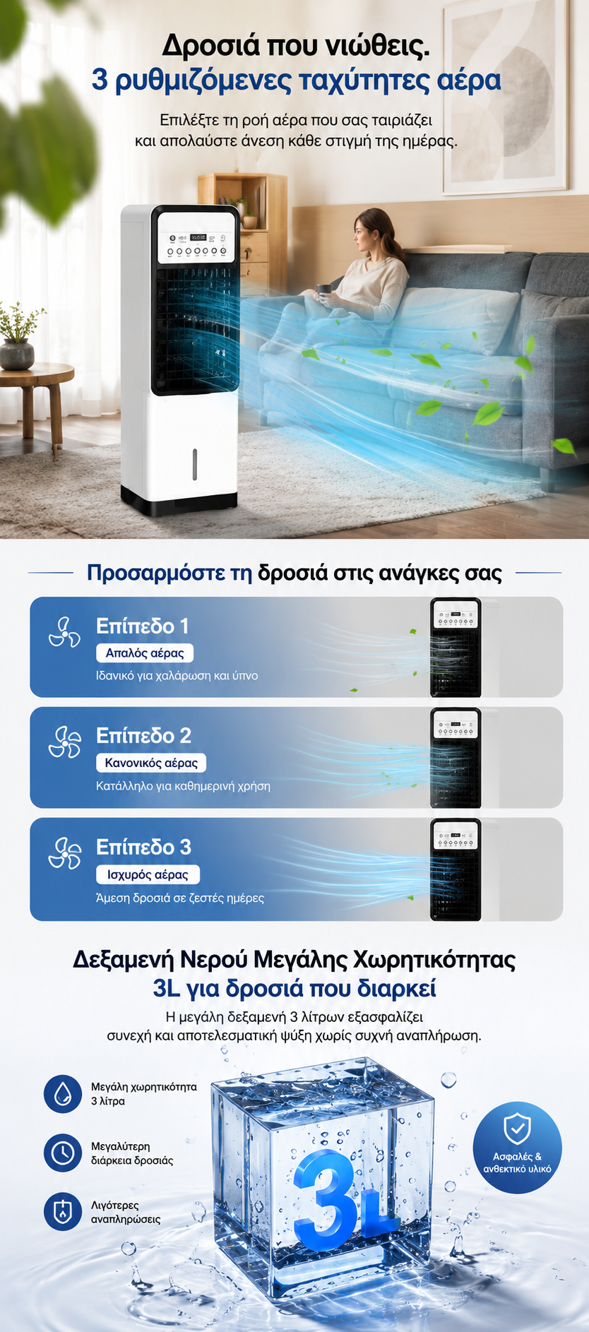 Ρυθμιζόμενες ταχύτητες αέρα και δοχείο 3 λίτρων